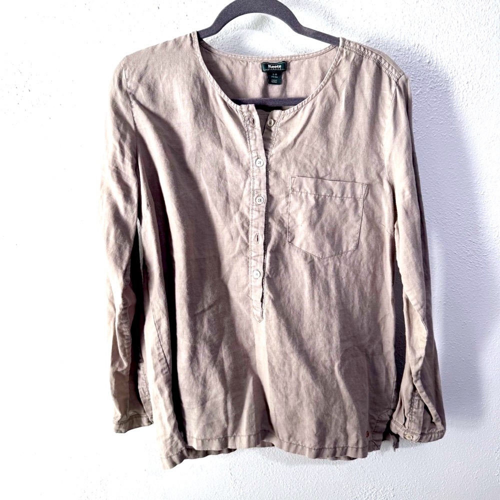 Roots ramie women’s Tan Relaxed Blouse with Long Sleeves large